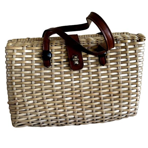 VTG Rattan Basket Square Handbag 80s Sturdy Eco Friendly Leather Strap Cream - Picture 1 of 8